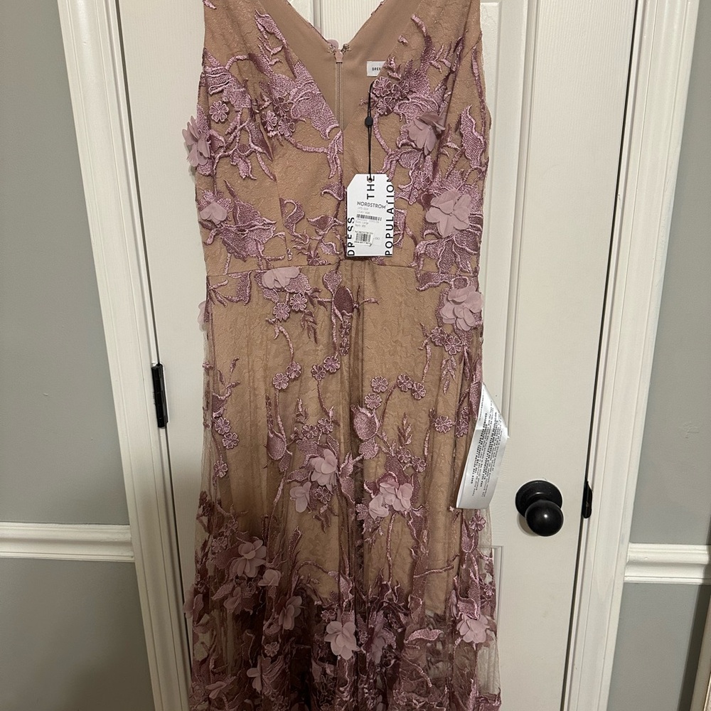 Theia Floral Embroidered Dress in Pink and Tan